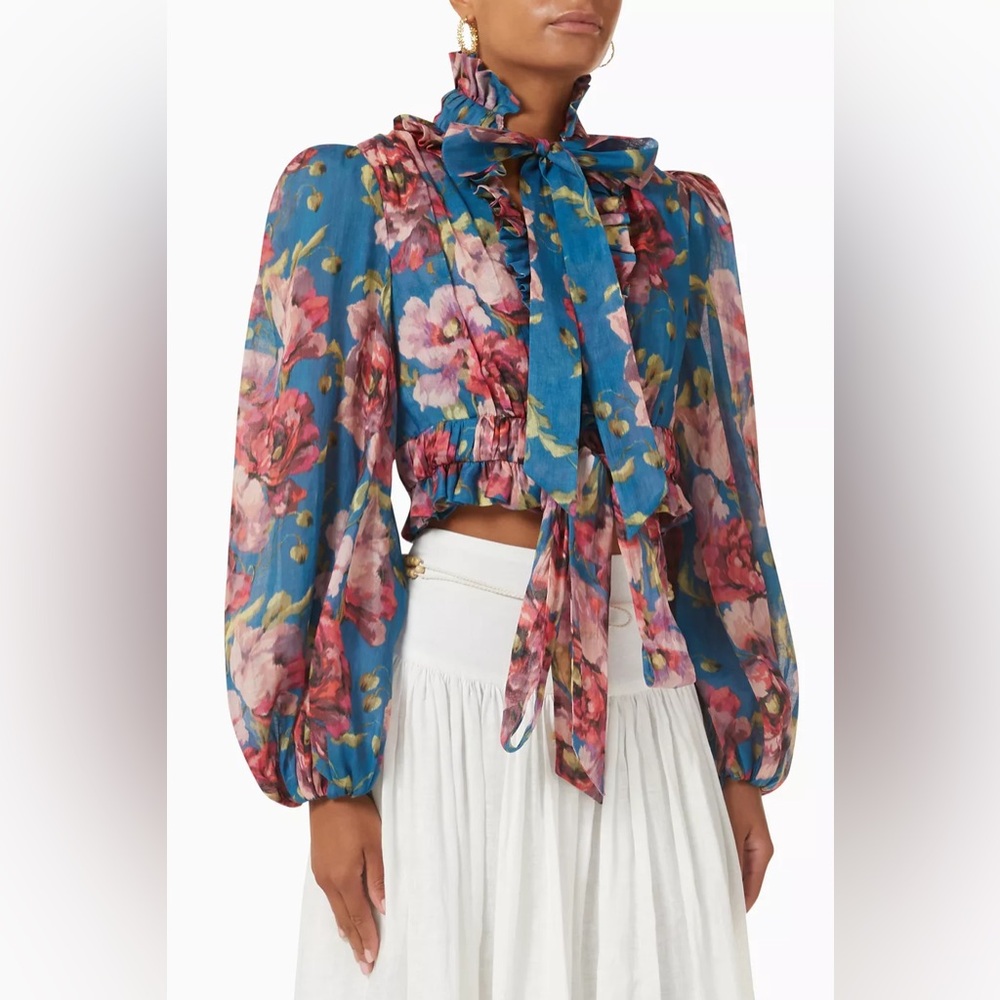 ZIMMERMANN Teal & Pink Floral-Print Cropped Ramie Blouse | Size 0 - Picture 2 of 8